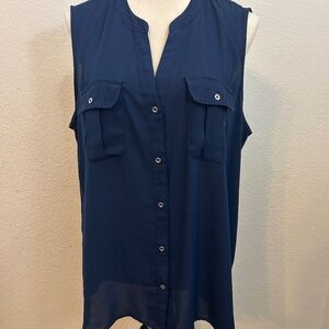 Women’s Roz & Ali Sleeveless Navy Blue Button Down Blouse | XL